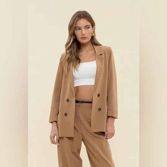 99. Double Breasted Stripe Blazer in Taupe - Picture 2 of 5